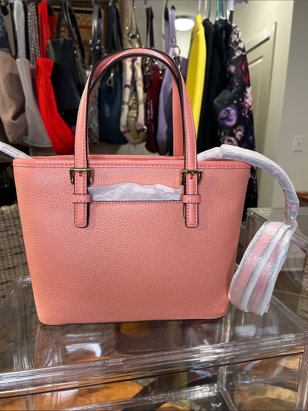 Michael Kors Coral Pink Jet Set MK Embossed Leather Tote 8.5”x 4”x 7.5” NWT - Picture 3 of 6
